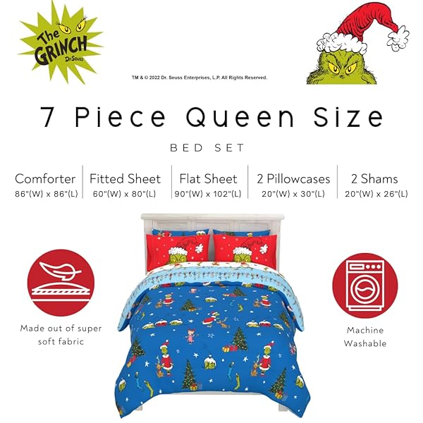 GRINCH BY DR. SEUSS HOLIDAY & CHRISTMAS BEDDING SUPER SOFT COMFORTER AND SHEET SET WITH SHAM, 7 PIECE QUEEN SIZE (OFFICIAL DR. SEUSS PRODUCT) BY FRANCO