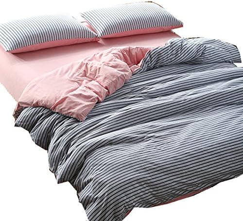 Ningkotex Blue Striped Print 4Pcs Cotton Jersey Knit Duvet Cover Set Plain Dyed Pink King Queen Full Size Fitted Sheet New (Queen)