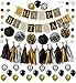 Black and Gold Party Decorations Kit - 6 Pom Poms - Gold Silver Black Circle Garland - 4 Gold Paper 4 Black Paper 4 Silver Paper Tassel Gold Black Banner