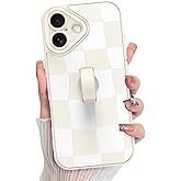 KANGHAR Compatible with iPhone 17 Case 2025, Silicone Checkered Cute Pattern, Wristband Kickstand Camera Protection Soft Slim Cover for Girls Women -White