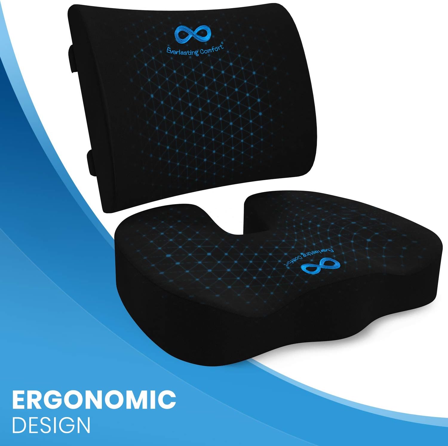 Everlasting Comfort Memory Foam Seat Cushion and Lumbar Back Cushion Combo - Gel Infused and Ventilated - Orthopedic Design for Coccyx and Tailbone Pain - Can Help Sciatica - Perfect for Office Chair: Home & Kitchen