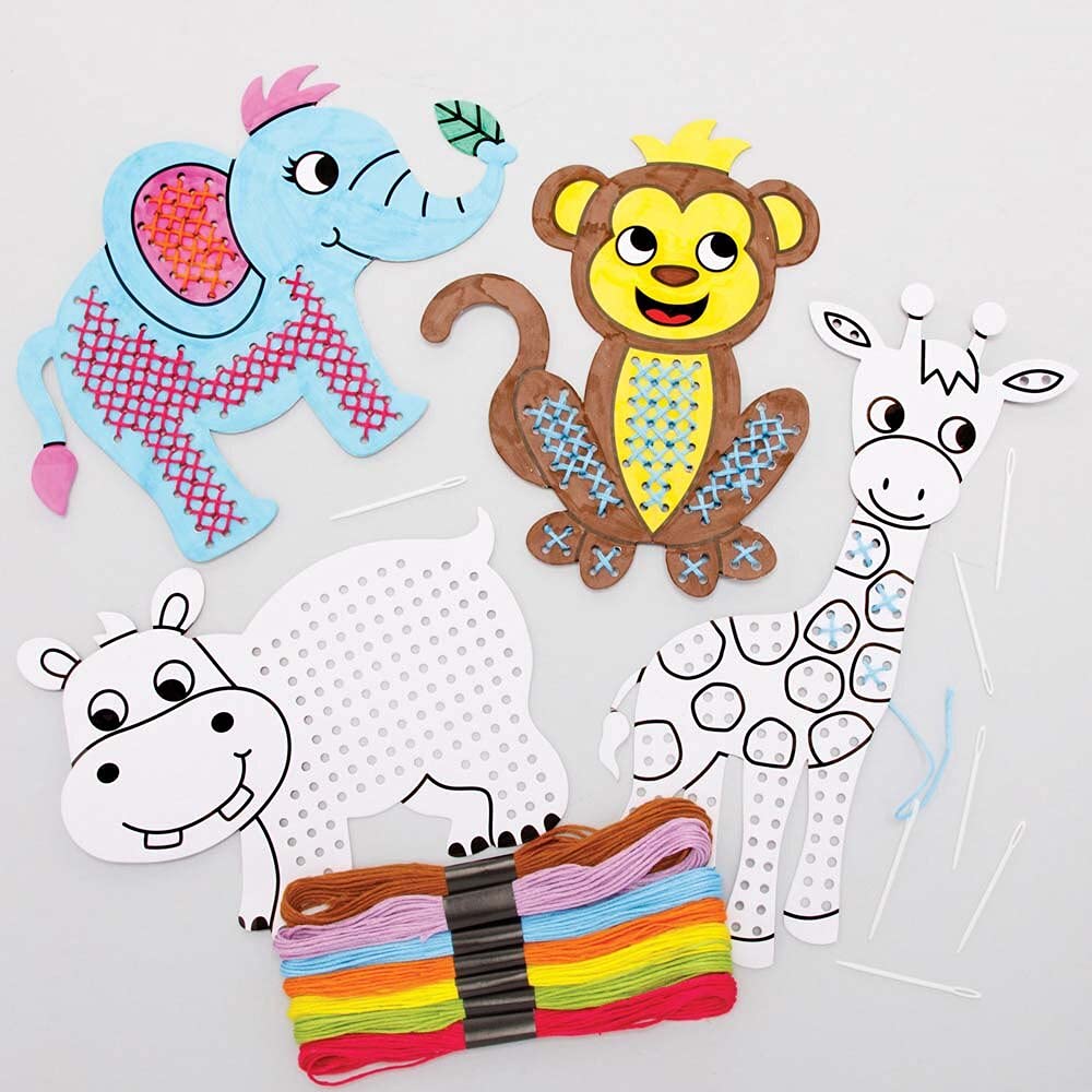 Baker Ross FE209 Animal Colour-in Cross Stitch Kits - Pack of 6, Sewing for Beginners, Make Your Own for Kids, Cross Stitch for Children