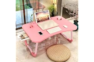 EYDOTER Laptop Bed Table, Foldable Laptop Desk Bed Tray with Storage Drawer, Lap Desk TV Tray for Breakfast Serving, Notebook Stand Reading Holder with Phone Slot and Cup Holder for Sofa Couch Floor-Pink