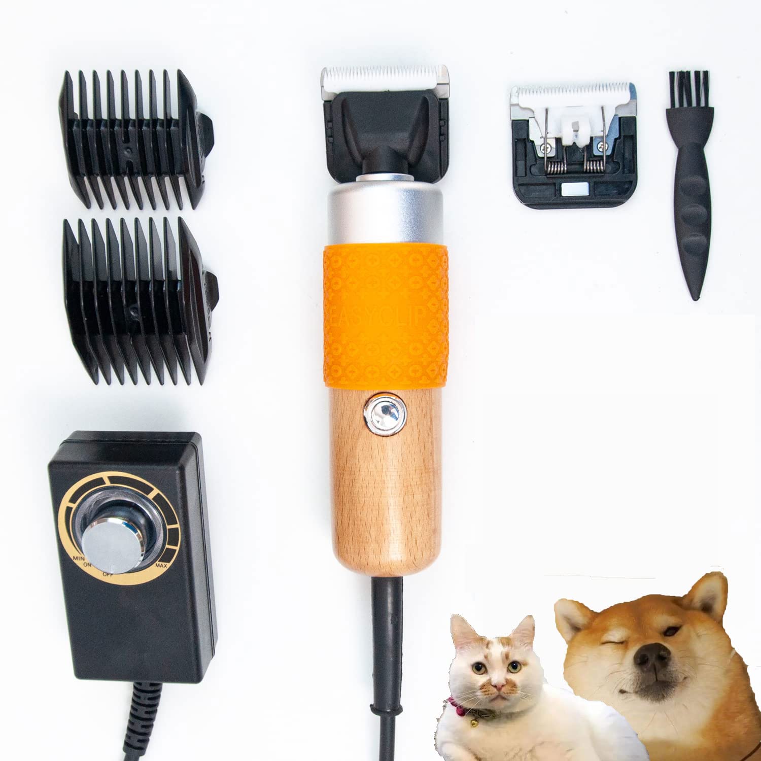 zalati Pets Hair Clipper Sweeper Trimmer Kit 2pcs Limit Comb 6 Gears Adjustable Speed/Low Noise for Cat Dog - 200W, Wood Handle