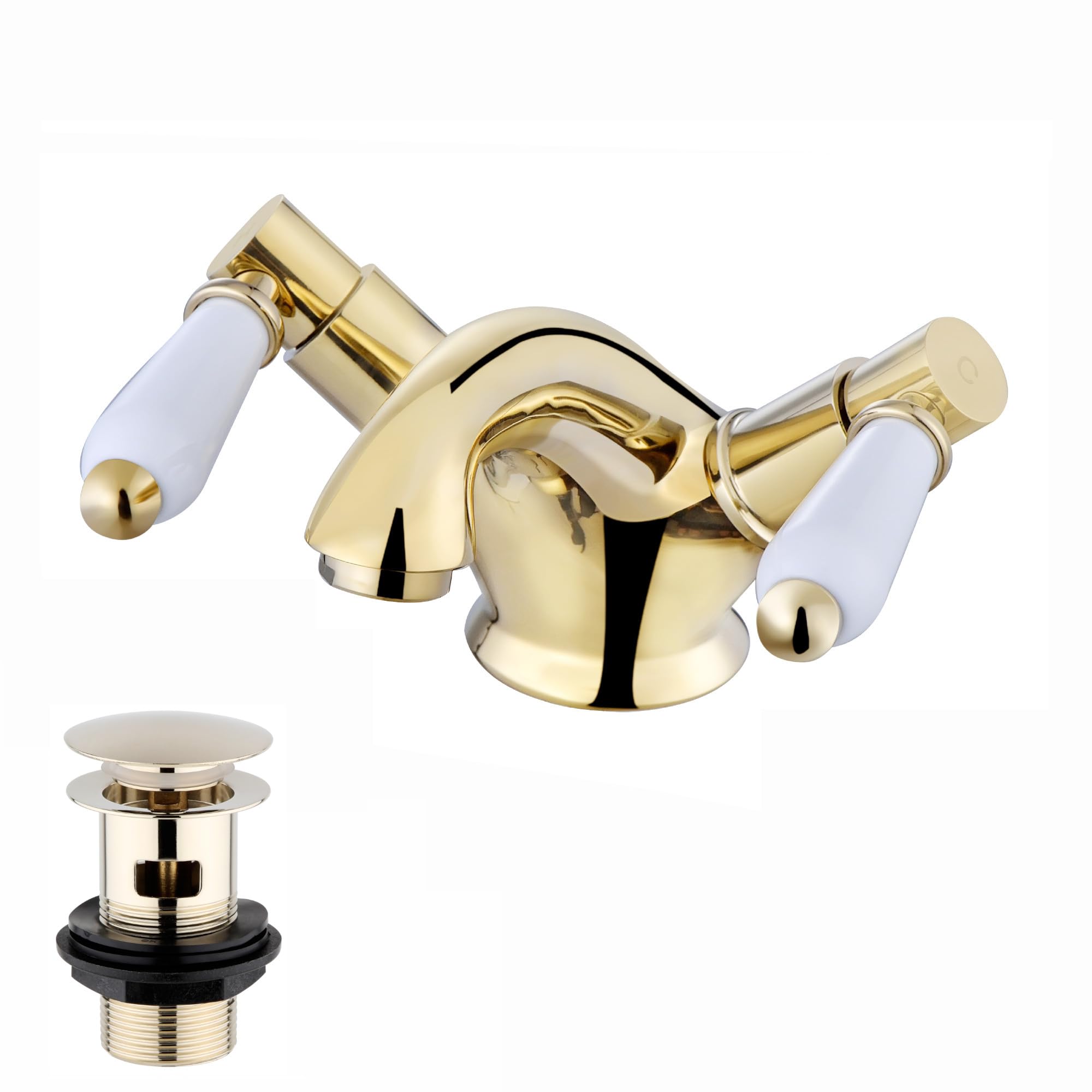 ENKI, Downton, BBT0237 Basin Mixer Tap with White Ceramic Levers Slotted Waste English Gold