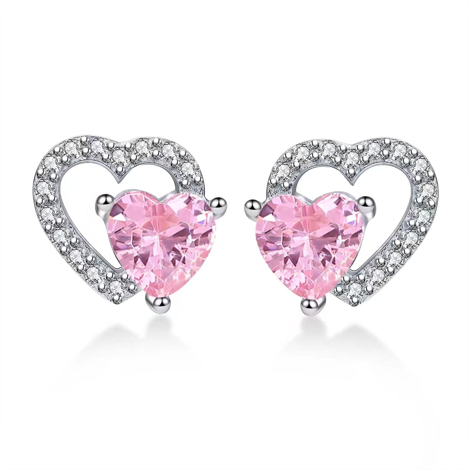 Qings October Birthstone Opal Ear Studs Sterling Silver Double Heart Hollow Tourmaline Cobblestone Pink CZ Dainty Love Birthdays Gifts for Girlfriend Daughter
