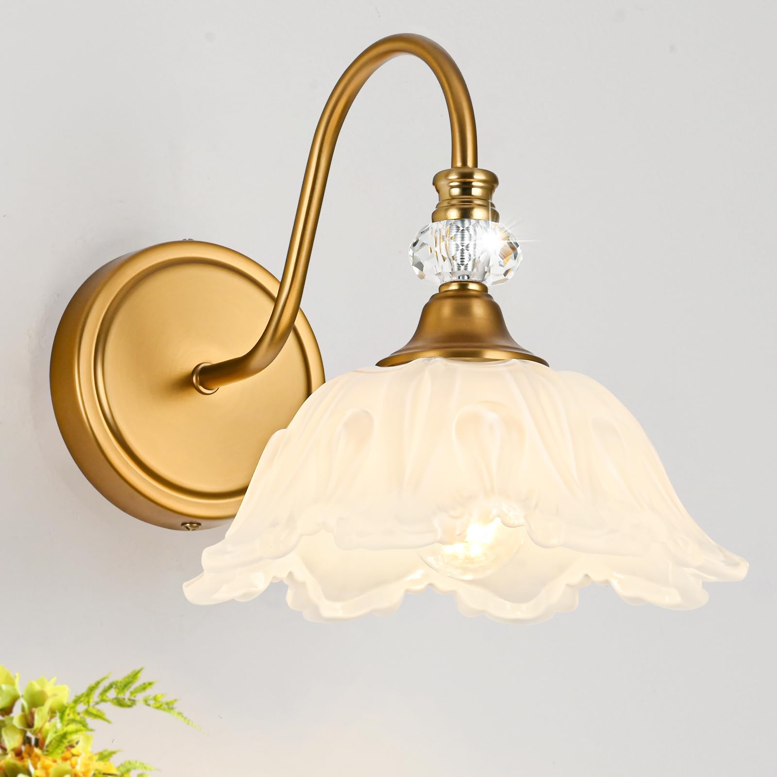 Photo 1 of sunkryster 1 Piece Vintage Wall Sconce with Floral White Glass Shade, Matte Brass Finish Wall Sconce for Bathroom, Vintage Bathroom Vanity Light Fixture