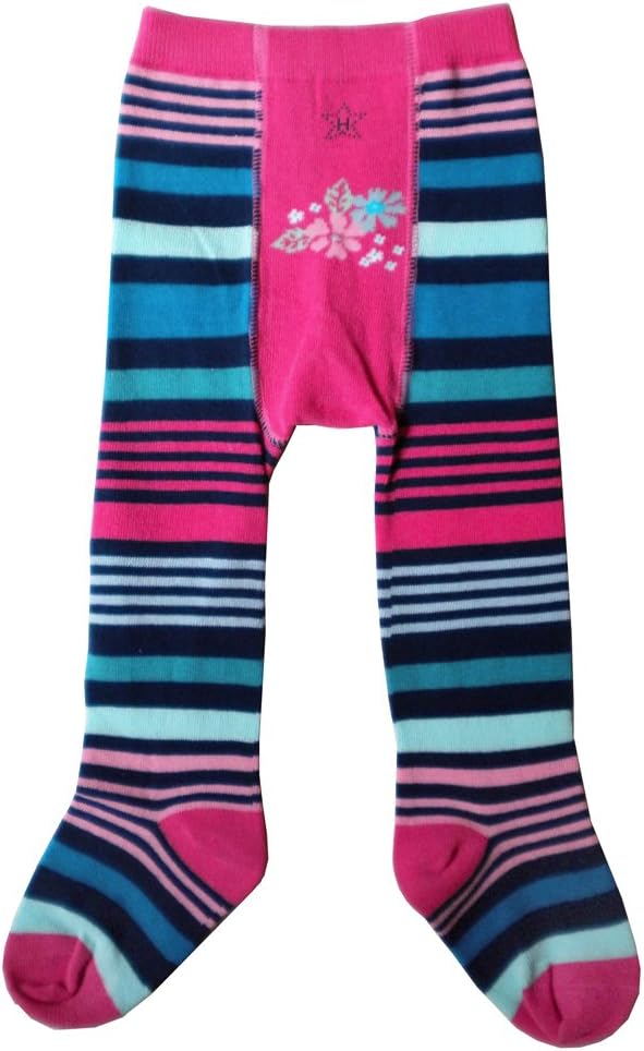 Huggalugs Baby Toddler Girls Navy Pink Stripe Flower Tights