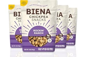 Biena Crispy Roasted Chickpea Snacks, Rockin’ Ranch, High Protein Snacks, High Fiber Snacks, Gluten Free, Plant-Based, Non-GMO, Healthy Snacks for Adults and Kids, 4-Pack 5 Ounce Bags