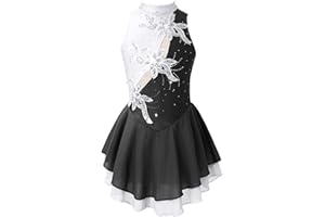 FEESHOW Kids Girls Sleeveless Shiny Rhinestone Sequins Floral Printed Figure Ice Skating Dance Dress for Competition