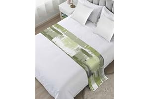 HOMECHOID Sage Green Bed Runner for Twin Size Bed, Bedspread Protector Slipcover Bed Scarf for Foot Bed Runners & Scarves for Bedroom Hotel Wedding Room 71x20 Inches Gradient White Farmhouse Country Smear Art