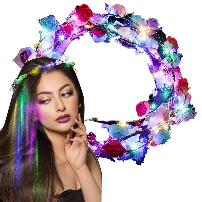 LilaLemon 3pcs Light Up LED Flower Headband, Flower Crown Garland for Women Girls, Crown Flower Headdress for Wedding, Halloween Christmas and Party Decor
