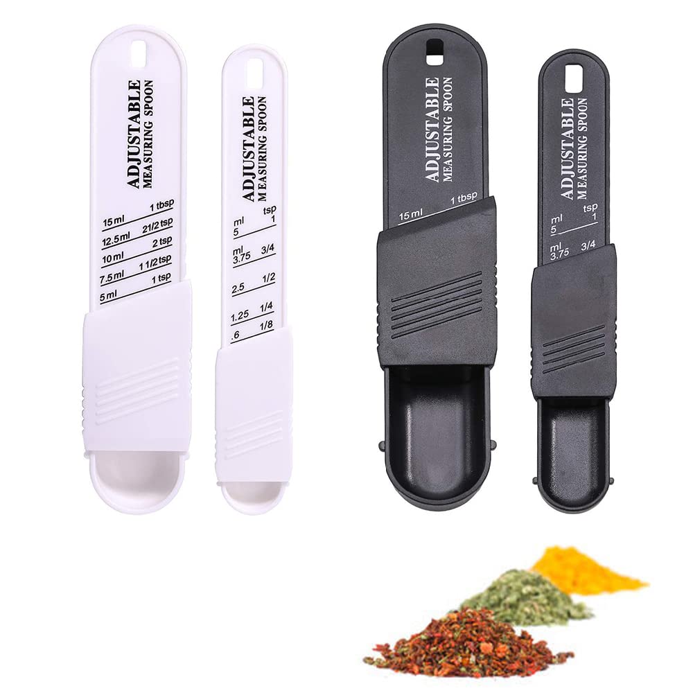 Adjustable Plastic Measuring Spoons Set (Dosing Spoons for Baking, Cooking, Powder- 2 White+2 Black) for Measuring Dry/Liquid Ingredients