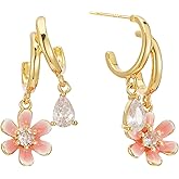 SIXFOX Enamel Flower Earrings For Women Trendy Gold Hoop Earrings 925 Sterling Silver Post Floral Drop Dangle Earring Hypoallergenic Jewelry Gifts For Her
