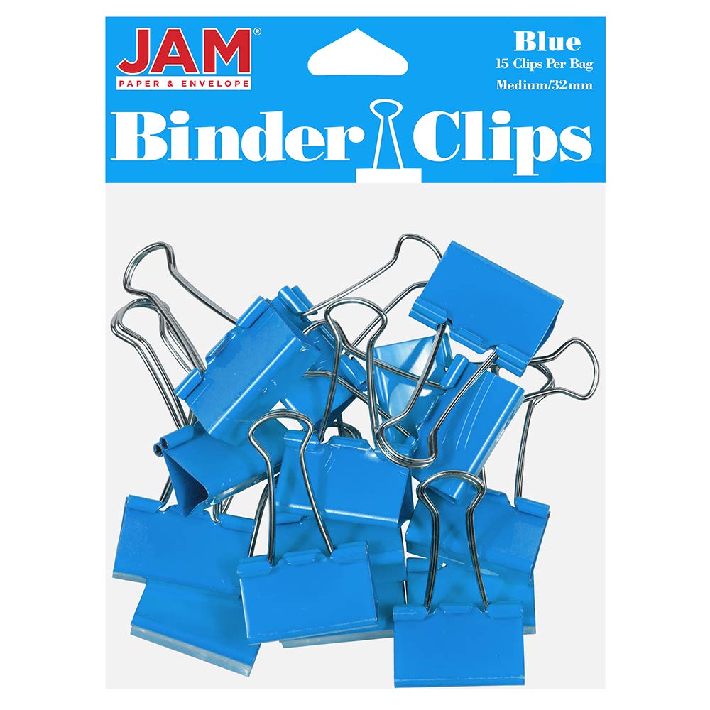 JAM PAPER Colourful Binder Clips - Medium - 32 mm - Blue Binderclips - 15/Pack