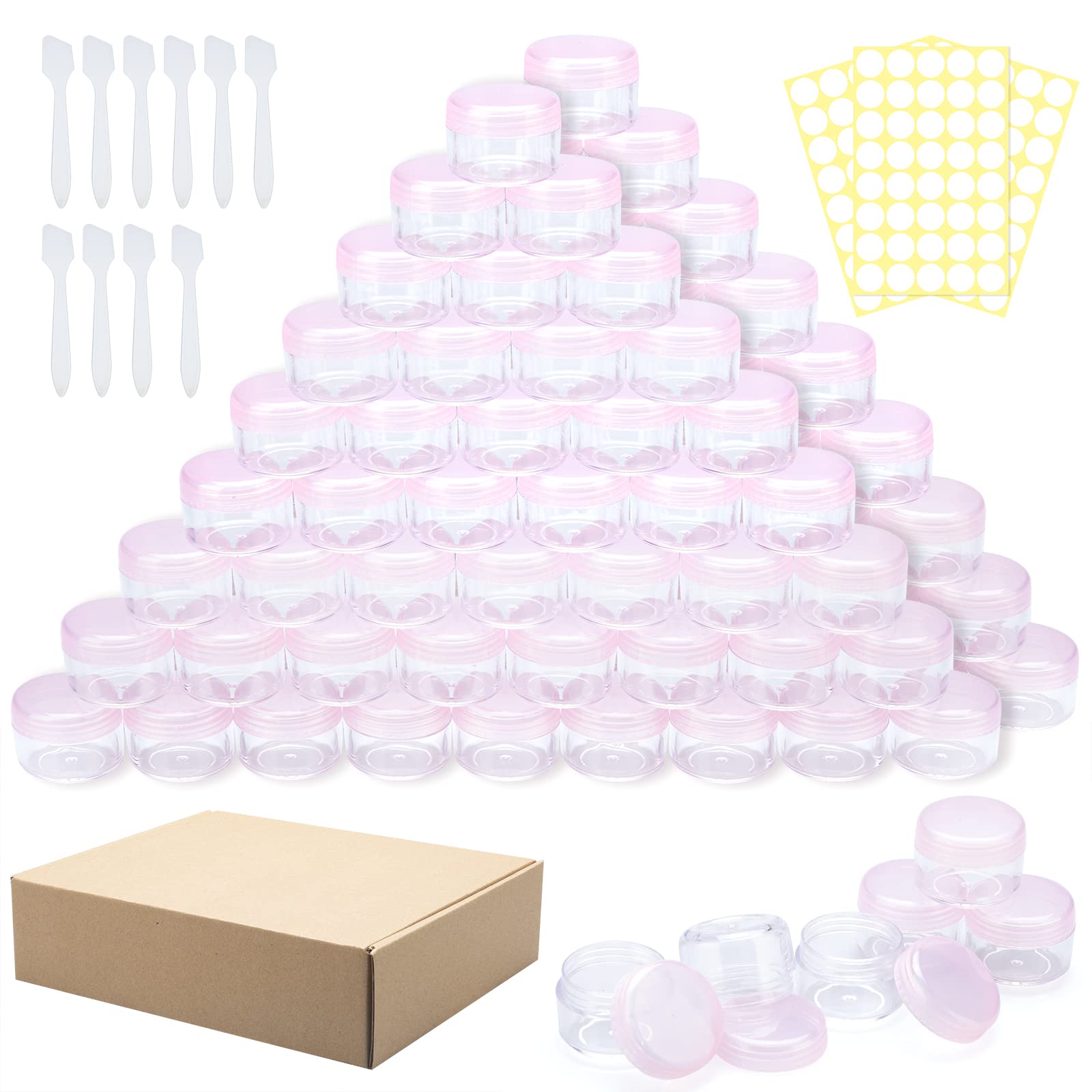 WUERQIE Pack of 100 5 ml Empty Containers - Mini Clear Jar Sample Transparent Cream Glass Cosmetic Bottle With Screw Cap, Travel Set for Lotion, Cream (Pink - Soft)