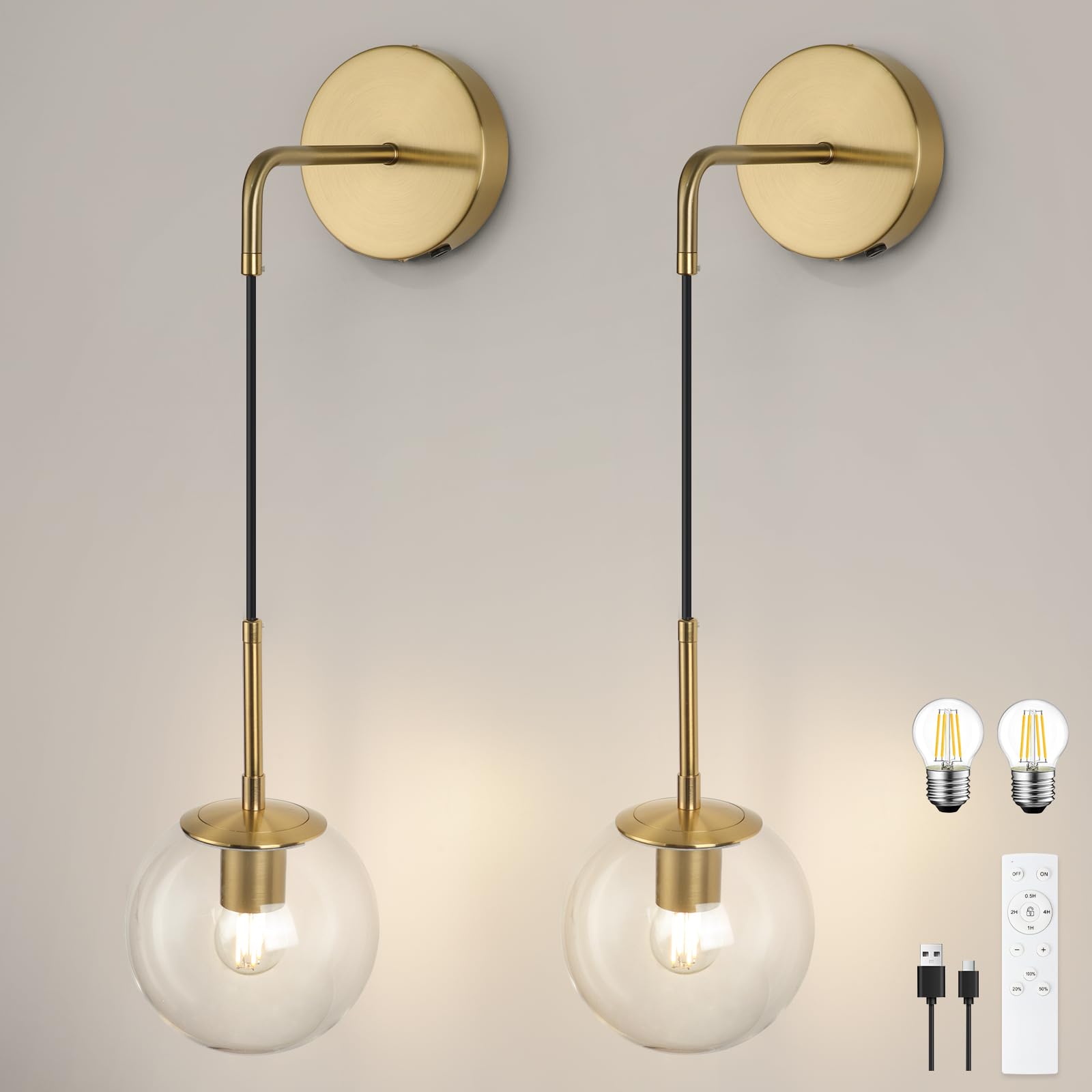 Photo 1 of HLILCEH Battery Operated sconces Set of 2 Glass Globe Rechargeable Wall Light Fixture Wireless Wall Lights with Clear Glass Shade for Living Room, Hallway, Bedroom(2 Pack)