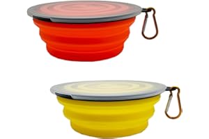 YLAPTEW Small Collapsible Dog Bowl 12oz,2 Pack Portable and Foldable Pet Travel Bowls with 2 Carabiners & Lids for Dogs Cats and Small Animals (Yellow+Orange, 350ml)