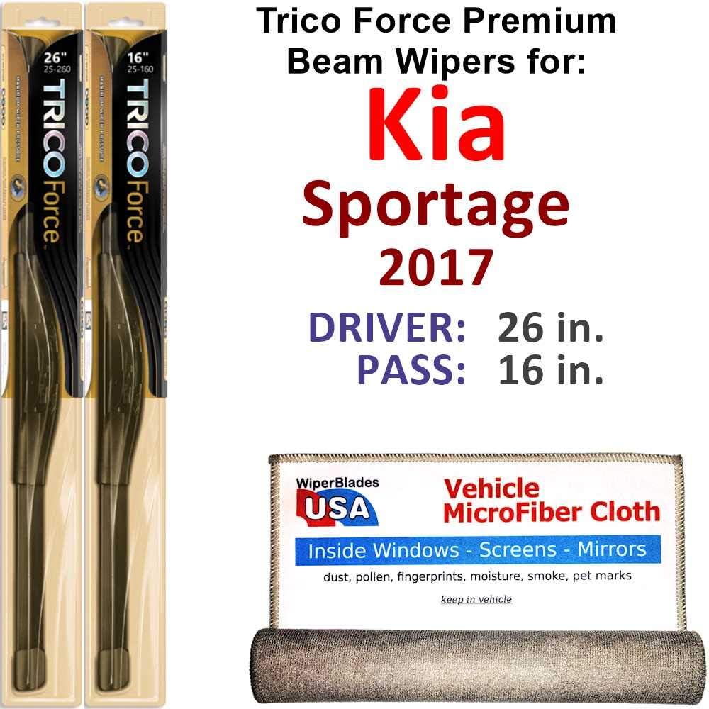 Premium Beam Wiper Blades for 2017 Kia Sportage Driver & Passenger Trico Force Beam Blades Wipers Set of 2 Bundled with Bonus MicroFiber Interior Car Cloth