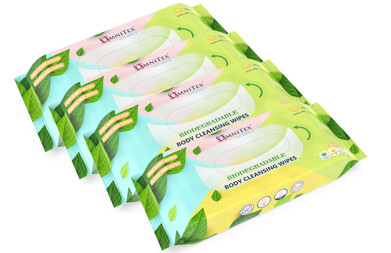 160x Omnitex Biodegradable Extra Large & Extra Thick Body Cleansing Wipes - Microwaveable | Rinse Free Wipes for Camping, Festivals, Elderly Bed Bath | Alcohol Free, With Aloe Vera & Vitamins | 4x40pk