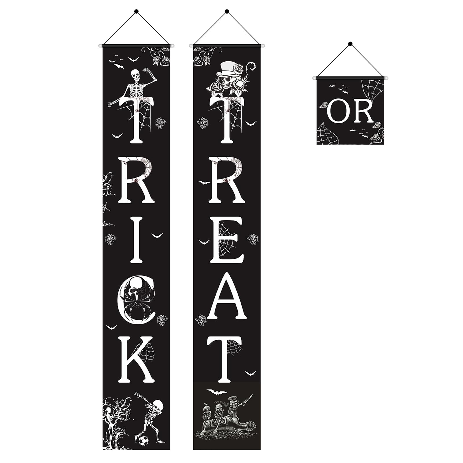 3 Pieces Halloween Door Banner - Trick or Treat Party Decorations, Black Skull Porch Sign for Outdoor Indoor Scary Garden Party Supplies