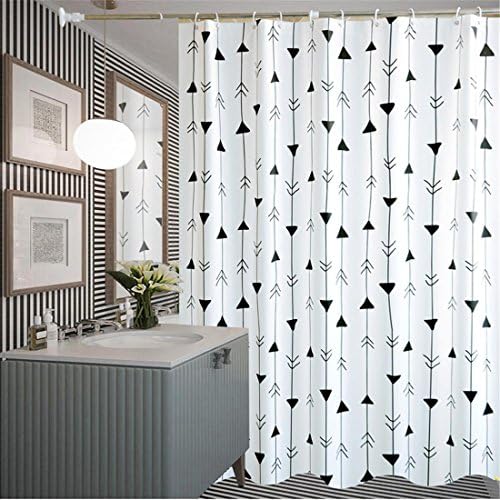 PVC Plastic White Shower Curtain Black Arrow Vertical Stripes pattern Opaque Waterproof Fabric For Hotal Home Bathroom Washroom Decoration With Enough Rings Hooks , 180 x 180 cm