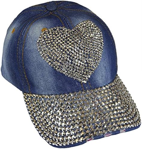 Heart Sparkling Bedazzled Studded Baseball Cap Hat, Denim, Light Blue