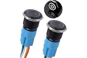 DMWD 2Pcs 19mm Latching Push Button Switch 12V-24V ON/Off 1NO 1NC Waterproof IP66 Black Metal Shell with Wire Socket for 3/4’’ Mounting Hole Power Symbol Light (White LED)