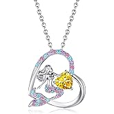 BAOWING Mermaid Birthstone Necklace for Kids Girls Heart Mermaid Tail Beaded Necklace Gifts Birthday Jewelry for Little Teens Girls Daughter Granddaughter Niece