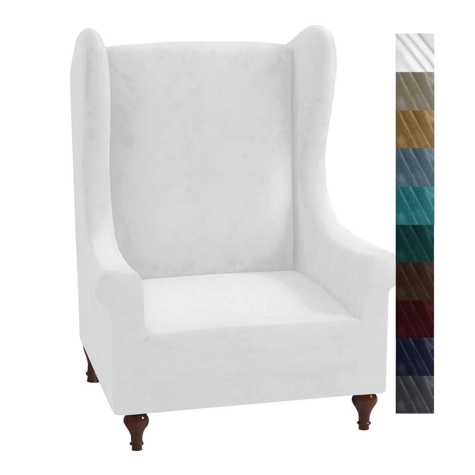 XINEAGE 1 Piece Velvet Wingback Chair Slipcover Stretch Wing Chair Cover Non Slip Furniture Protector with Foam Rods for Living Room (Wingback Chair, White)