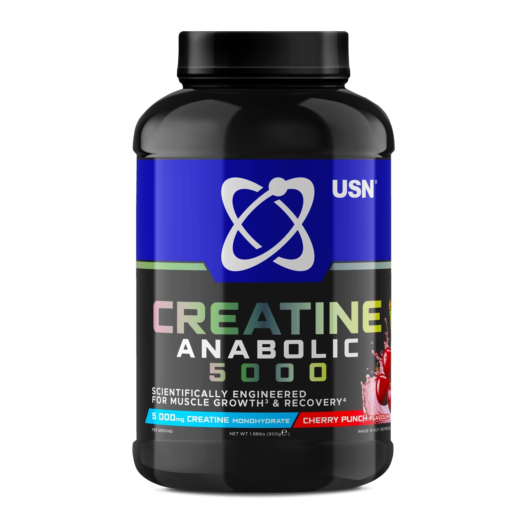 USN Creatine Anabolic 5000 – All-in-One Muscle Growth & Recovery Powder, 5000mg Creatine Monohydrate + 3000mg BCAAs, Low Sugar, Cherry Punch Flavour, 900g (30 Servings) - New Formula