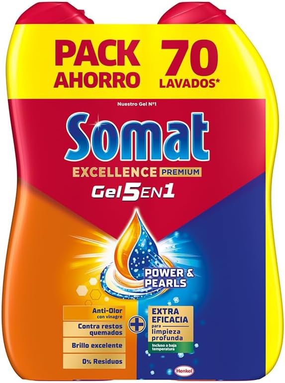 Somat excellence gel frescor anti-odor (70 lavagens), detergente desengordurante para lavar louça, líquido para lavar louça automático engarrafado, saboneteira com vinagre