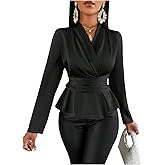 MakeMeChic Women's Wrap V Neck Long Sleeve Ruched Satin Shirt Blouse Elegant Peplum Tops