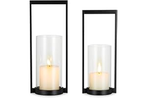 Sziqiqi Hurricane Candle Holder for Pillar: Black Modern Candle Holders for Table Centerpiece - Geometric Candle Stand Set of 2 with Glass for Living Room Fireplace Christmas Decor