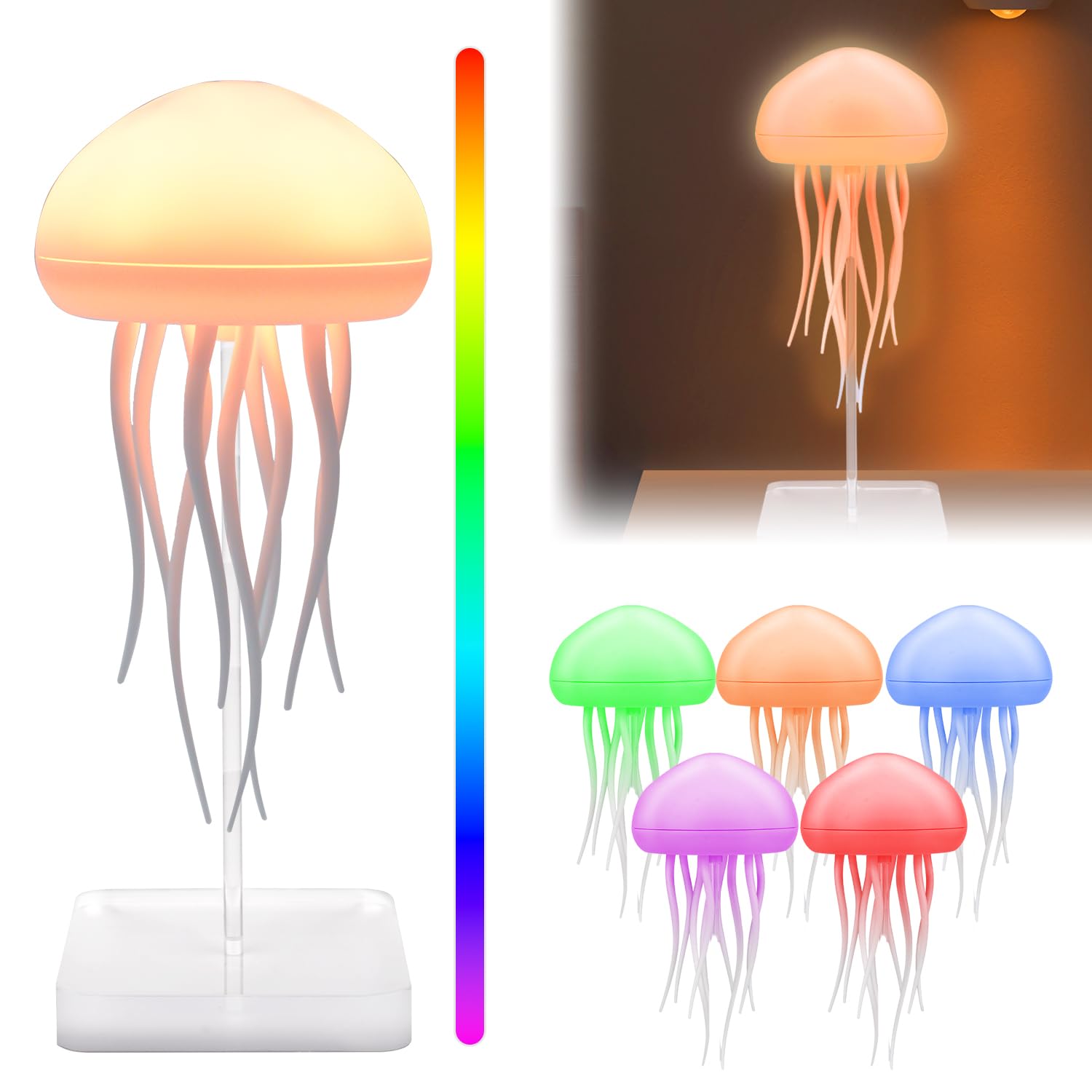 Pipihome Jellyfish Lamp, LED Jellyfish Night Light, Atmosphere Jelly Fish Light Lamp Bedside Desk Lamp, Voice Control, with Dancing Legs and RGB Changing Colors Mood Lamp for Christmas Home Décor