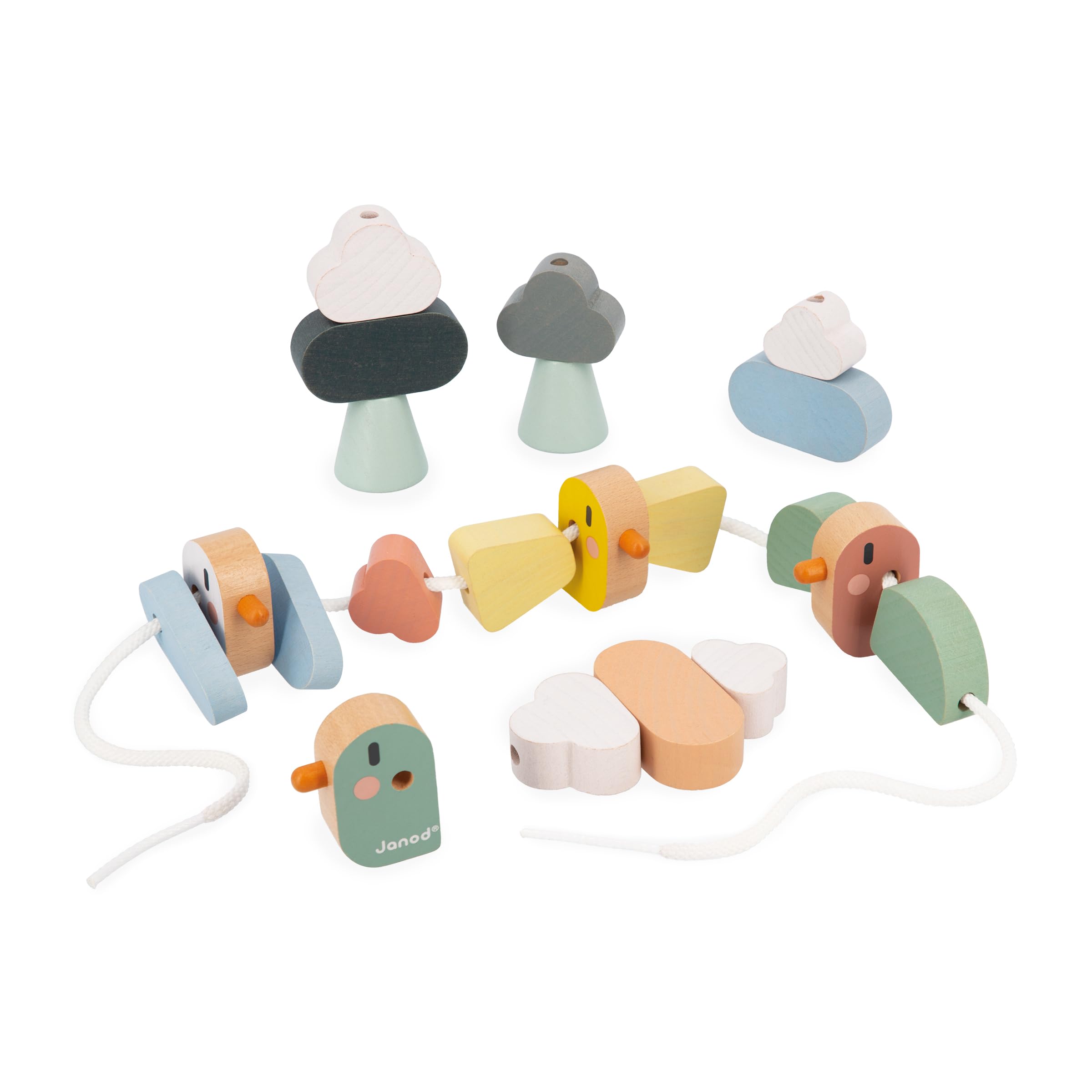 Janod - Sweet Cocoon Threading Beads - 21 Bird, Wing & Cloud Beads - Develops Fine Motor Skills - FSC Wood Toy - Early-Learning Game - 24 Months +, J04050