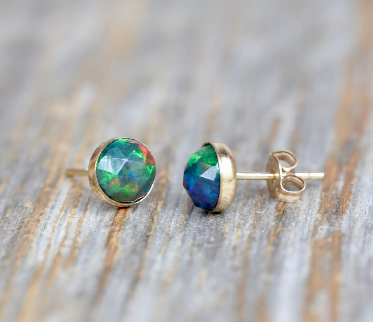 Genuine Black Opal Gemstone Stud Earring- 14k Gold Filled- Bezel Set -6mm