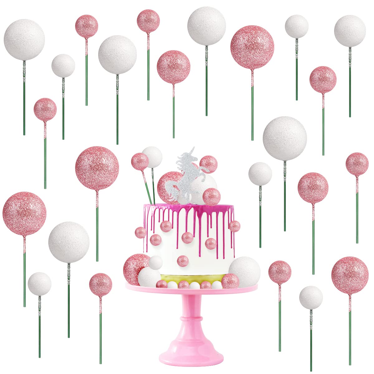 66pcs Balloon Cake Topper, Glitter Foam Ball Cake Toppers Mini Balloon Cupcake Toppers Round DIY Cake Picks Insert Topper Baking Cake Decoration for Birthday Wedding Baby Shower Decor (Pink&White)