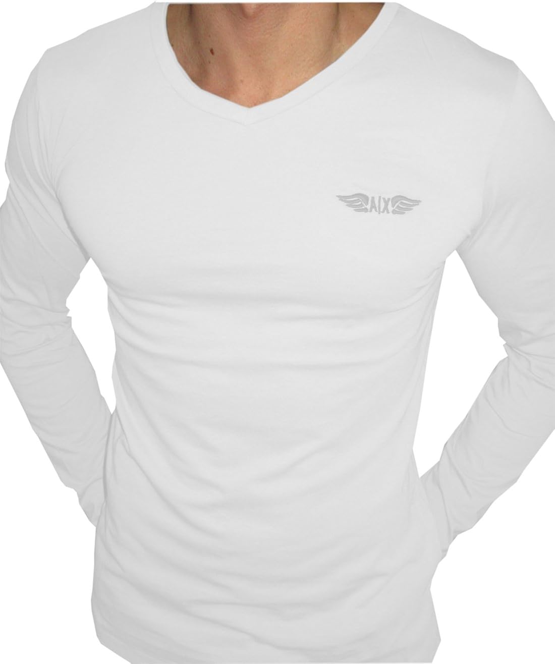 Armani Exchange Long Sleeve Signature AX Wings VNeck TShirt White