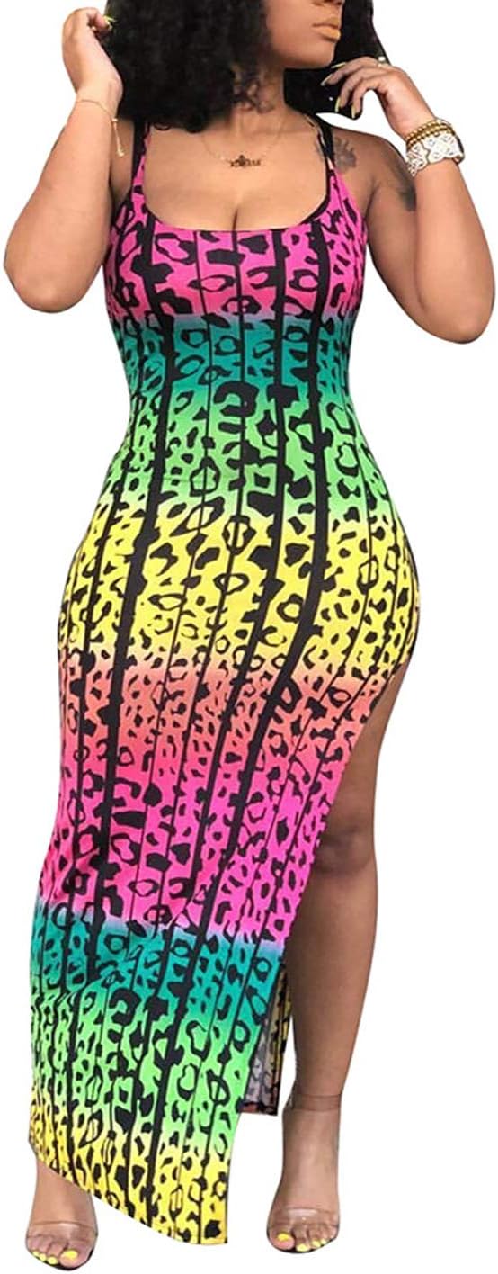 Aro Lora Women's Sexy Floral Print Sleeveless Side Slit Boho Beach Long Maxi Party Bodycon Dresses