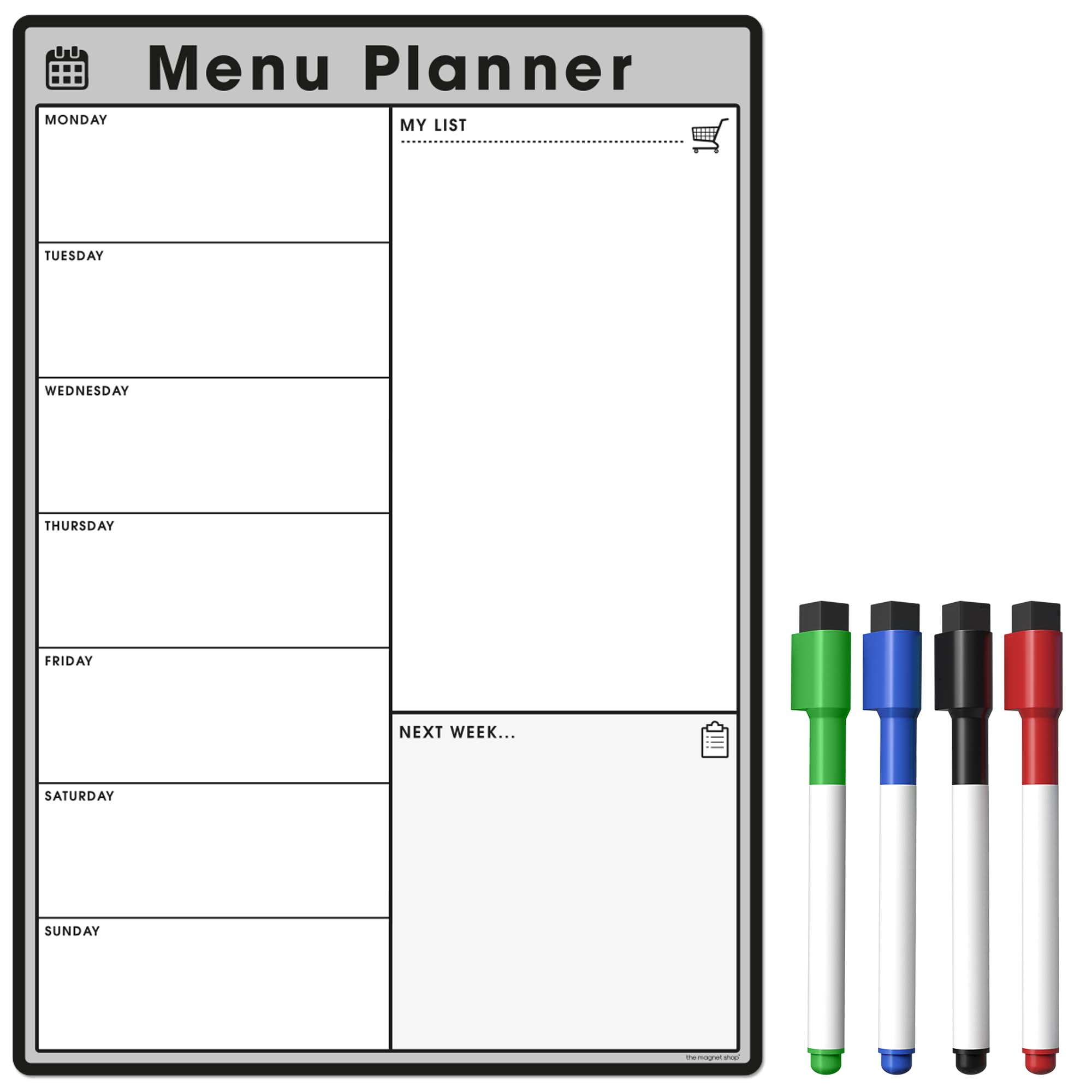 TMS Weekly Meal Planner for Fridge | Magnetic Whiteboard Calendar and Shopping List | Dry Wipe Memo Board for Kitchen | Made in The UK (A4 (30 x 21cm), Grey)