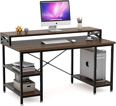 Amazon Com Tribesigns Computer Desk With Storage Shelves 55 Inch Large Rustic Office Desk Computer Table Studying Writing Desk Workstation With Hutch For Home Office Retro Brown Kitchen Dining