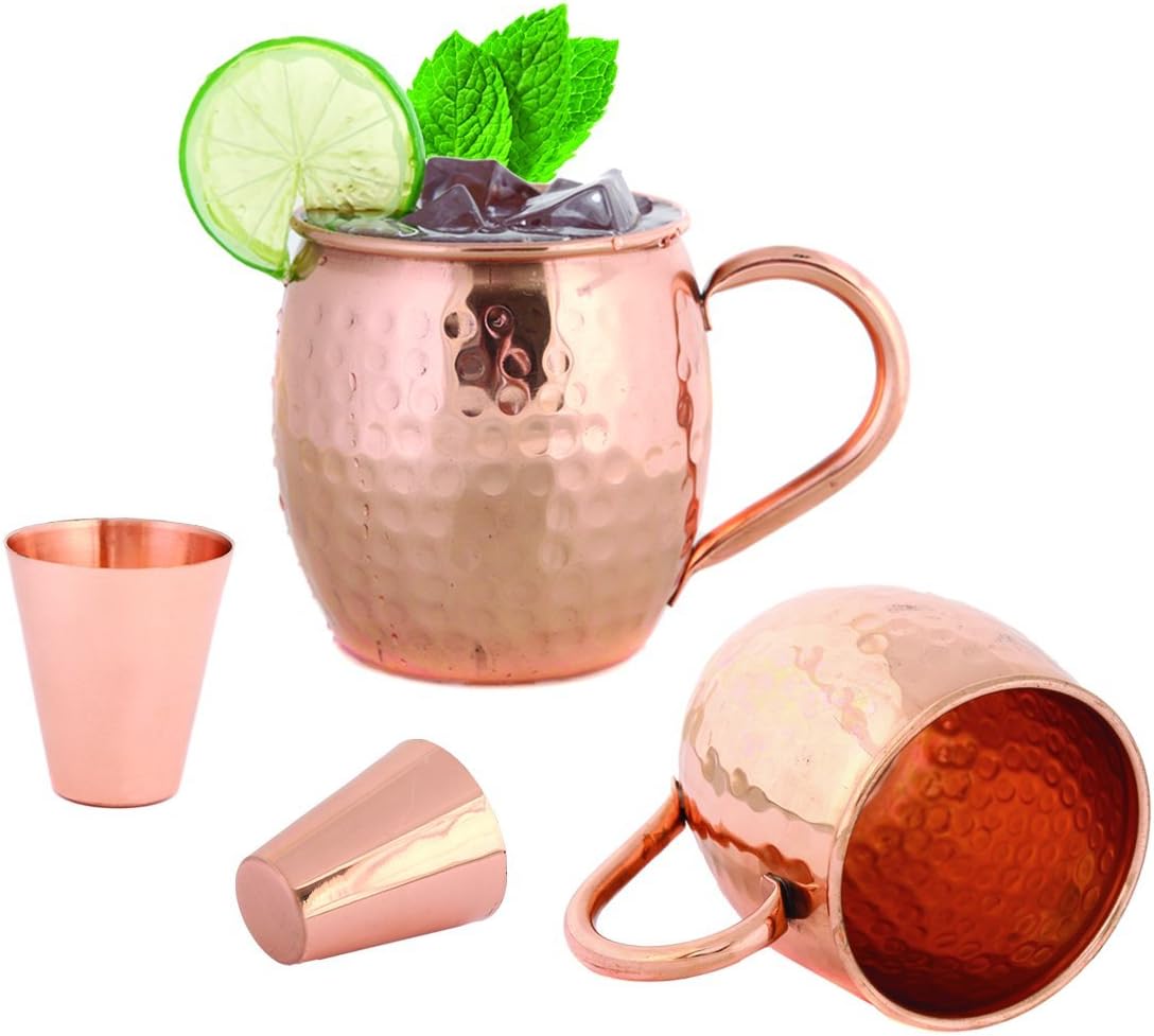 Set of 2 Moscow Mule Copper Mugs 16 OZ - Two Copper Shot Glass Included - 100% Solid Pure Copper Hammered Barrel Cup Mug with No Inner Lining by Foodie Aid