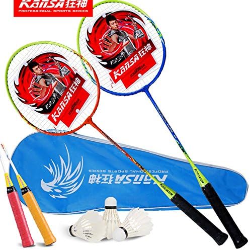 KANSA Sports 2 Player Carbon Fiber Badminton Racket Set + 1 Badminton Bag / 2 Rackets / 3 Badminton / 2 Grip (Blue/Yellow)