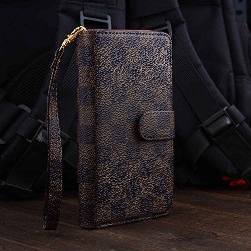 12-Slot Card Pockets Brown Checker Wallet Case for Apple iPhone 6/6S Plus 5.5" Plaid Classic Classy Luxury Purse Clutch Multifunction Photo Frame Holder Hand Strap Magnetic Closure High Grade Guy Men Gift
