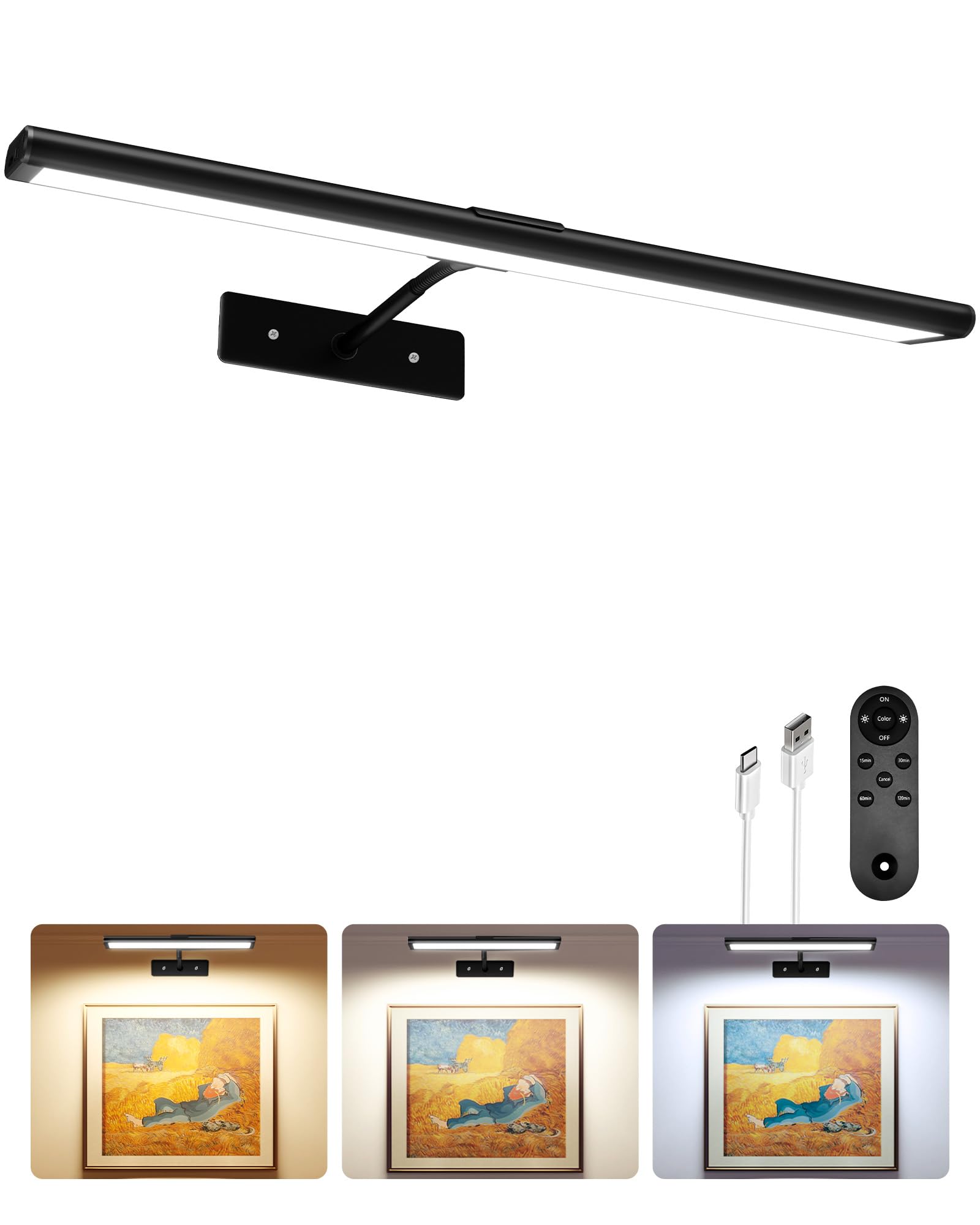 Photo 1 of EZVALO Picture Light for Wall, 4800mAh 16'' Rechargeable Wireless Remote Battery Lights for Painting, Dimmable Magnetic LED Art Display Light, Colors Temperatures, for Gallery, Living Room,Hallway