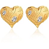 Textured Heart Stud Earrings for Women - Cubic Zirconia 14K Gold Plated Love Studs Hypoallergenic 925 Sterling Silver Post Vintage Jewelry Earring Gifts for Birthday