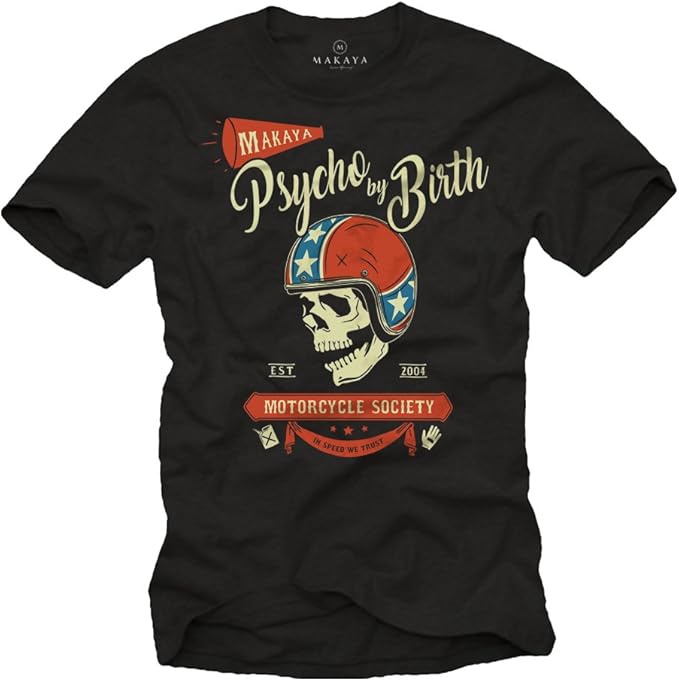 MAKAYA Camisetas Motorcycle Hombre - Psycho by Birth - T-Shirt Skull Calavera con Casco Moto Jet