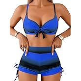 EHSUYAB Women High Waisted Molded Cup Bikini Sets, Underwire Push Up Striped Swimsuits, Bathing Suit with Boy Shorts 2 Piece