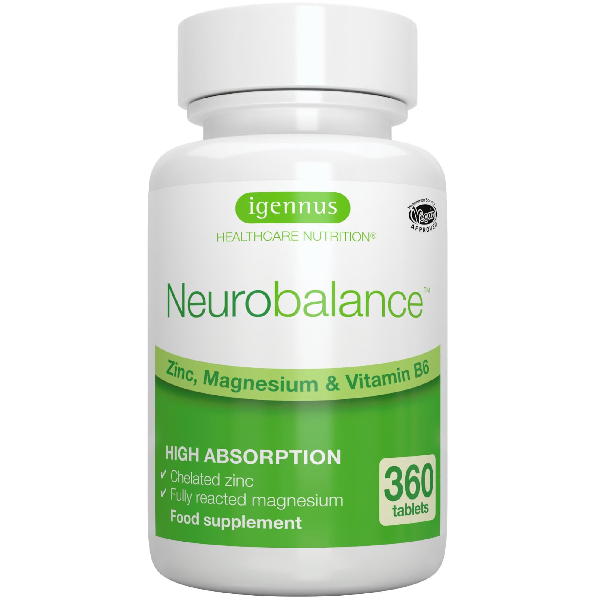 Igennus Neurobalance High Strength Zinc Magnesium & B6 Complex for Cognitive Support, Calm Focus & Relaxation, 360 Small Tablets, Chelated Zinc & Gentle Higly Absorbable Fully Reacted Magnesium